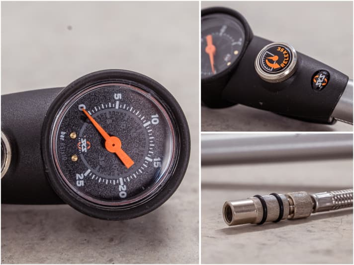 Die psi-Angaben auf der winzigen Skala müssen mal 10 genommen werden. Das Ablassrädchen funktioniert tadellos. Beim Abschrauben des soliden Ventilkopfes sollte man die Entkopplung nicht vergessen