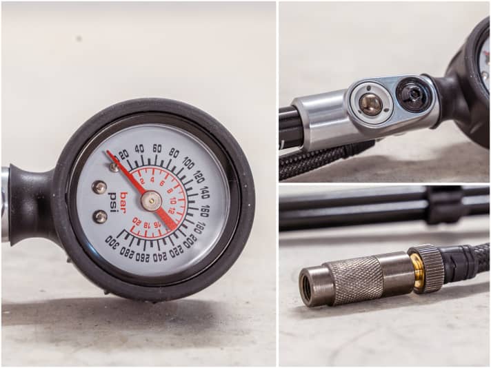 Leider fällt auch bei der Air Tool das Manometer sehr klein aus. Der Knopf zum Druck regulieren ist dafür sehr fein dosierbar. Auch bei Specialized lässt sich die Pumpe vom Ventil entkoppeln