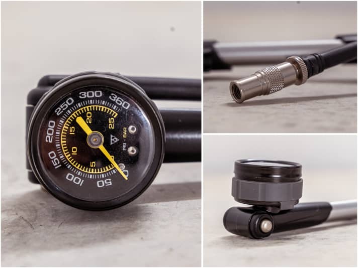 Sehr kleines Manometer mit detailiierter Skala. Top Ventilkopf samt Entkopplungsfunktion. Das Manometer ist mit einer Gummimanschette geschützt, der Druckablassknopf lässt sich sauber dosieren