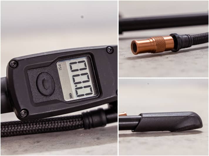 This type of display is standard for digital pumps. With Topeak, it is solidly framed in metal. Top valve head: long design, including decoupling function.  Despite its slim shape, pumping with the Topeak is quite comfortable