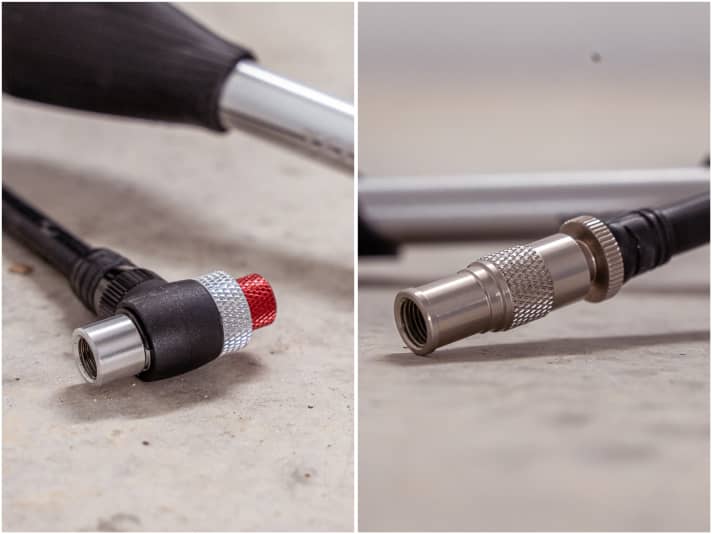 Nicht jeder Ventilkopf passt auf jedes Ventil. Gerade abgewinkelte Formen können Probleme machen. 
Eine Entkopplung (rechte Seite) bietet auch nicht jeder Hersteller