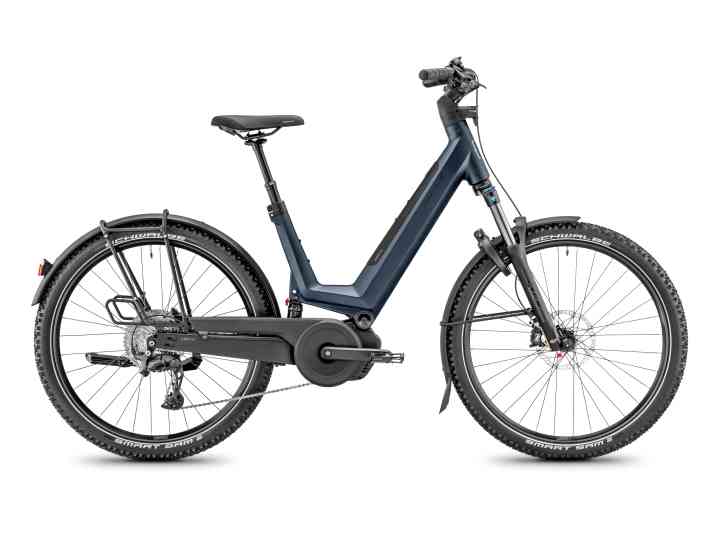 In the full-suspension version of the Moustache Xroad, two frame parts are connected to each other via a joint. In addition to the suspension fork and telescopic seat post, the rear shock absorbs shocks.