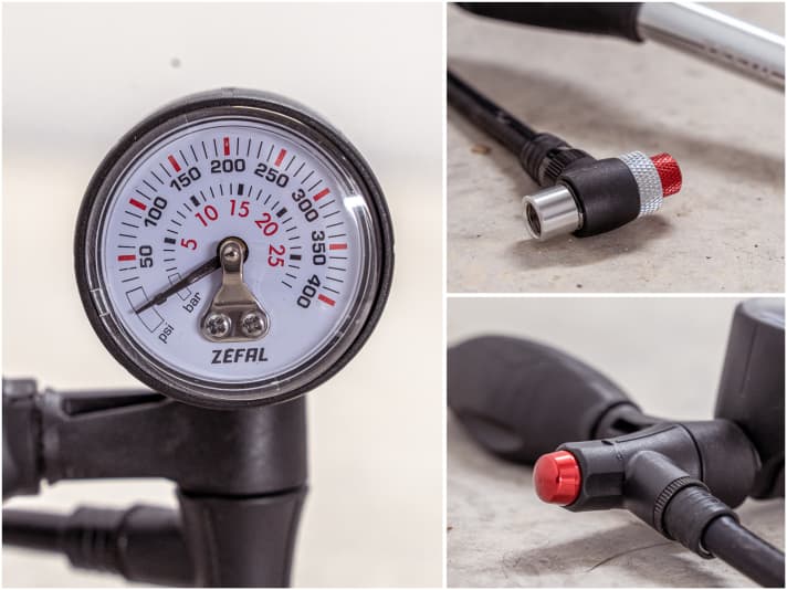 Das Display nutzt die volle Größe und ist dadurch trotz weit reichender Skala passabel ablesbar. Der Ventilkopf kommt nicht an versteckte Ventile ran. Bei hohem Druck hängt der Ablassknopf etwas - nicht optimal dosierbar.