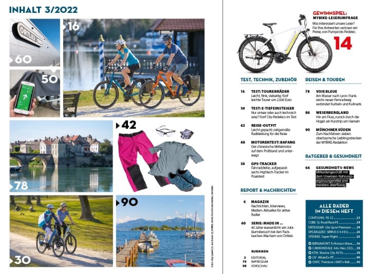Contents: Light touring bikes under 14 kilos & e-bikes with low step-through in the test - plus 20 pages of travel and touring tips - now in MYBIKE 3/2022.