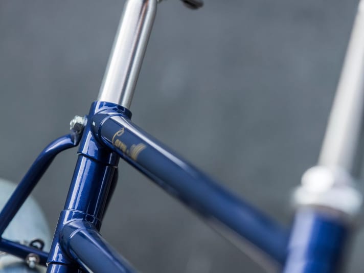 Das glänzend blau lackierte Rahmen weckt spontane Sympathien bei den meisten Betrachtern.