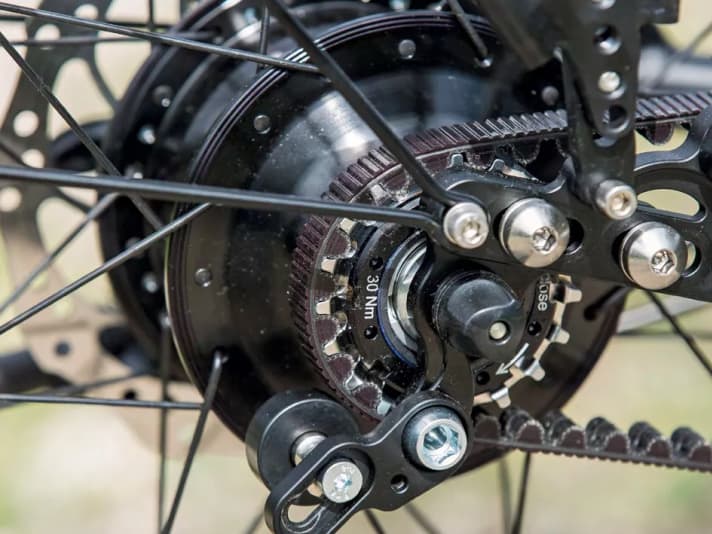 On the smaller sprockets of the Rohloff hub, the snubber pulley prevents the belt from running up and skipping teeth. | Bernhard Huber