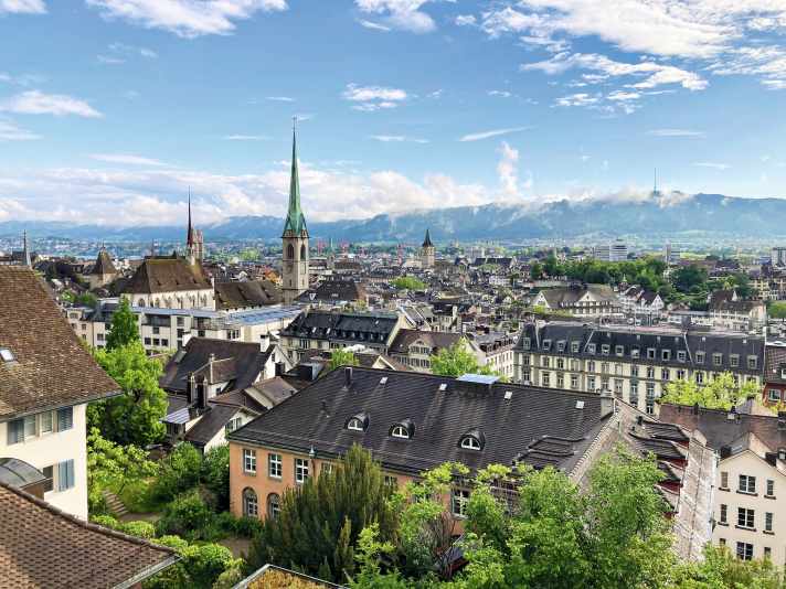 View over Zurich from the terrace of the Technical University, known as the Polyterrasse