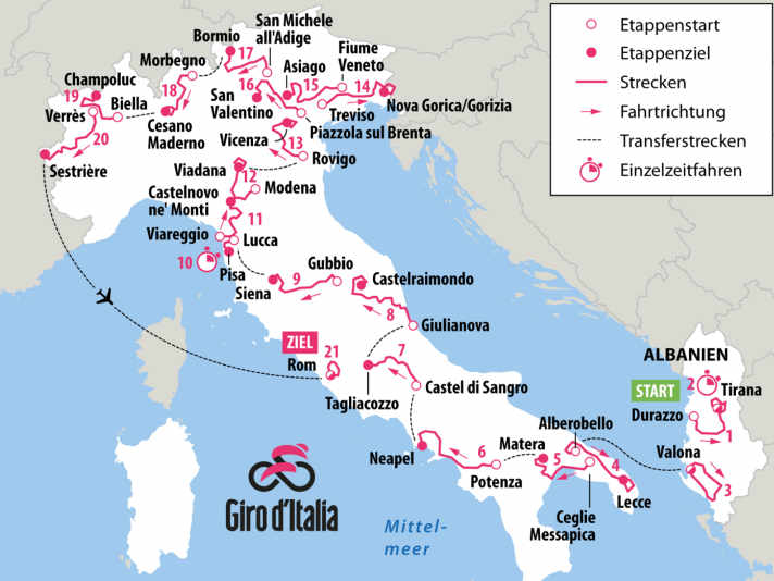 Der Giro d’Italia 2025 auf der Karte
