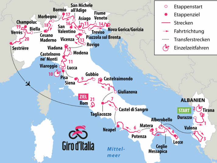 Der Giro d’Italia 2025 auf der Karte