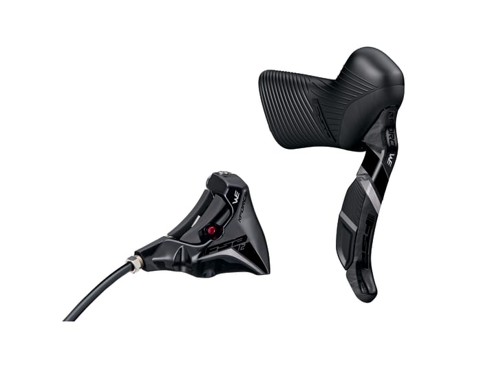  Geschaltet wird mit einer Wippe an den Bremshebeln. Außerdem im Bild: der Bremssattel der hydraulischen FSA-Scheibenbremse.