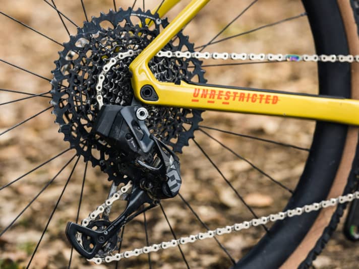Pour la transmission, la manivelle simple s'est imposée. En combinaison avec de grandes cassettes, les gravelbikes maîtrisent également les rampes abruptes.
