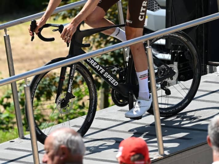 "Create Speed" is written on the down tube of the BMC prototype. The head tube is elongated and the fork legs are extremely wide.