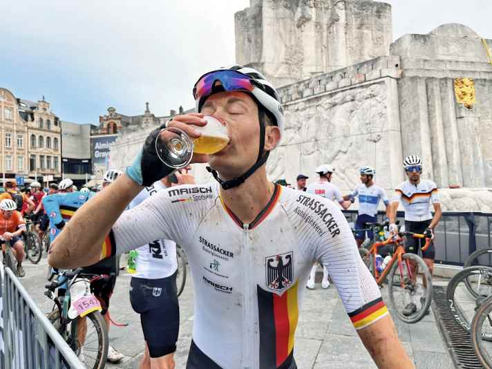 On a train: a glass of Belgian beer right behind the finish line is a heavenly treat