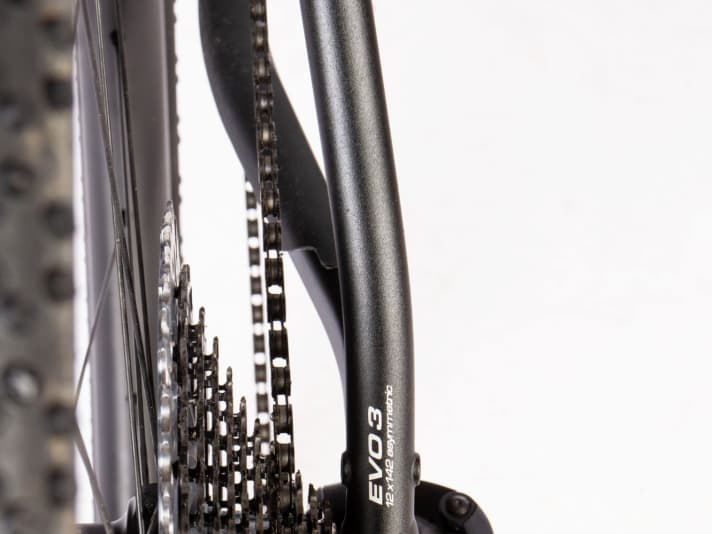 The asymmetrical rear triangle requires special rear wheels, but the chainline is borderline on the outermost sprockets