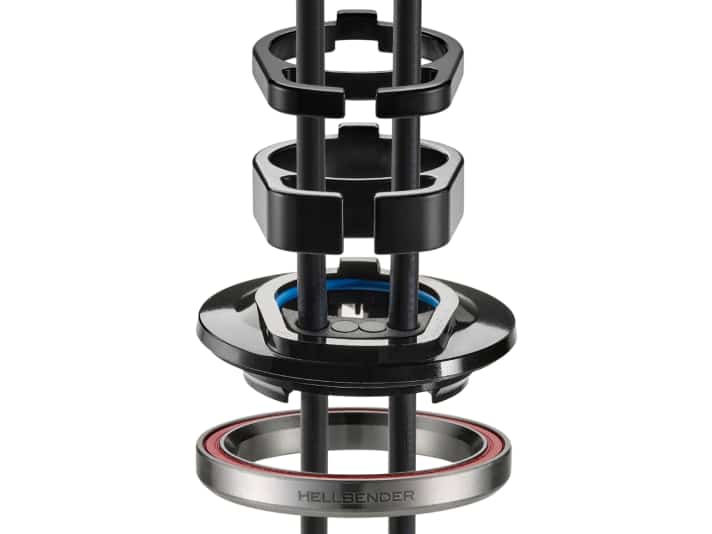 Die Spacer und Steuersatzkappe des Cane Creek HCR bestehen aus Aluminium, das Lager aus Edelstahl. Das System soll vollständig abgedichtet sein.