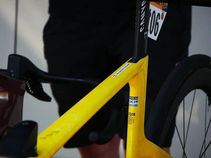 Mathieu van der Poel's bike livery as interim overall leader at the Tour de France 2025