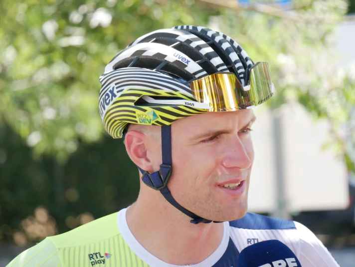 Laurenz Rex from the Intermarché Circus Wanty team wears the new Uvex Surge Aero at the Tour de France, still in the Erlkönig design