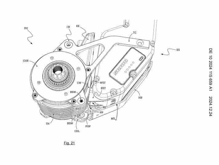 Auszug aus dem Sram-Patent zum neuen E-Motor mit Zykloid-Getriebe. Vor dem Motor sitzt der Akku mit Sram-Logo.