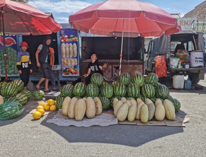   Melons, melons, melons. While it is 30 degrees in the shade in the valleys and melons sweeten the heat, it is a more pleasant ten degrees on the mountain heights.