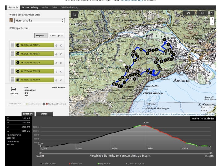   Elevation profile Tour 1, Ticino from EMTB 4/2018.