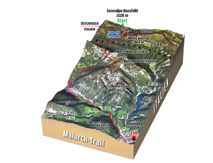   Der Malurch Supertrail führt über den Nassfeld Pass, der Österreich und Italien verbindet.