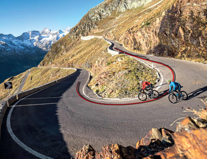   Die rote Linie sollten Sie bei einer Passabfahrt mit ihrem Rennrad ansteuern.