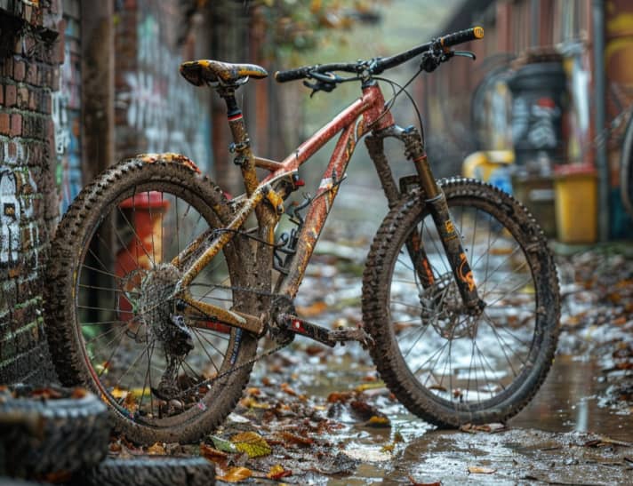 Midjourney's AI also knows what a bogged down MTB is.