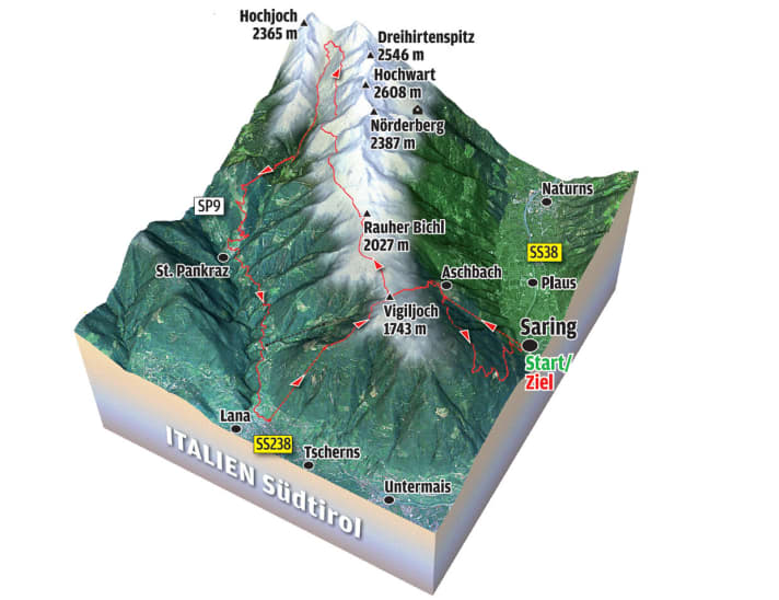   The 3D map of the MTB Supertrail Rauher Bühel in Ultental Valley.