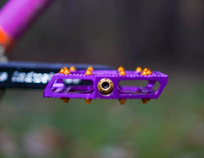 Through a cut-out in the side of the outer wall, you can see the gold-coloured nut with which the axle and pedal body are screwed together.