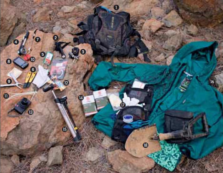   This is what the contents of Rob J's freeride rucksack look like on tour.
