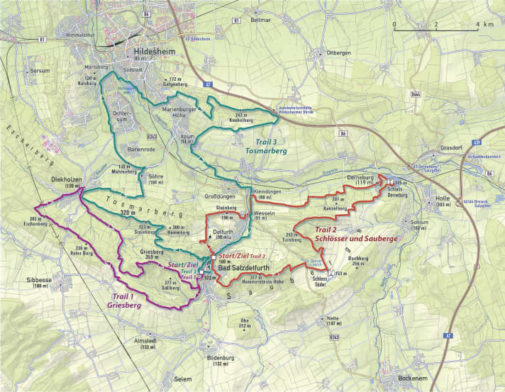 The three top MTB tours around Bad Salzdetfurth in the overview map.