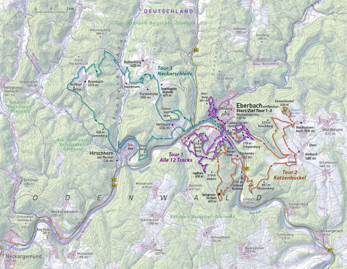 Odenwald peaks, Neckar loops and now also challenging trails: the municipality of Eberbach has been enriched by
12 more enduro attractions. These are the three best MTB routes. | Map: Karin Kunkel-Jarvers