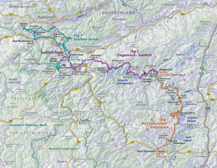 Verrückt, welche Schlängelei sich die Natur für die Saale ausgedacht hat. Unsere 3-Tages-Route versucht parallel mitzuhalten.