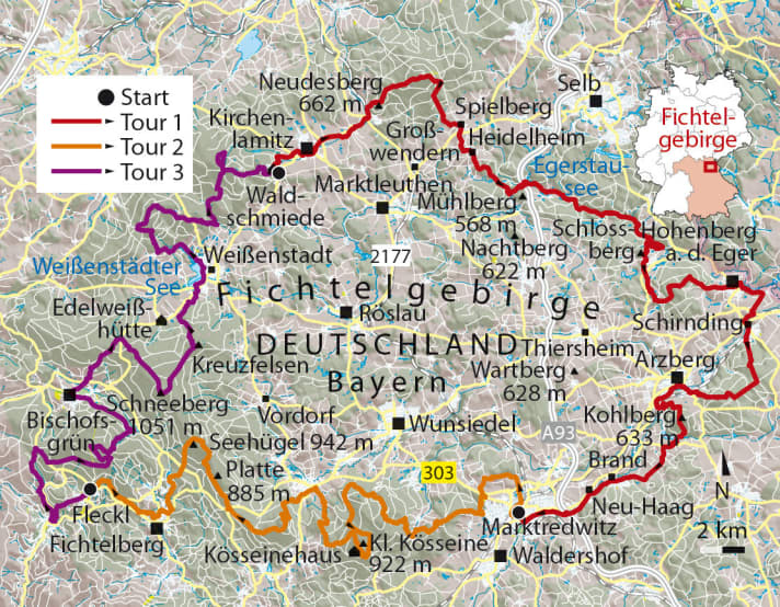   Overview of the three stages of the MTB tour through the Fichtelgebirge.
