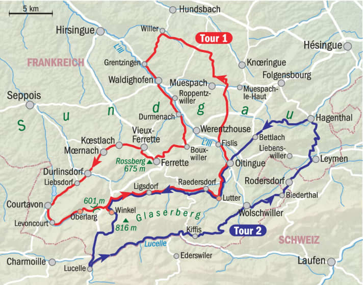 Les deux tours à travers le Sundgau français. | Carte : MYBIKE