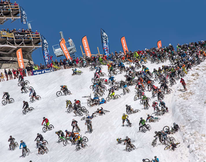   Probably the most extreme enduro event in the world: the Megavalanche down the 3300 metre high Pic Blanc.
