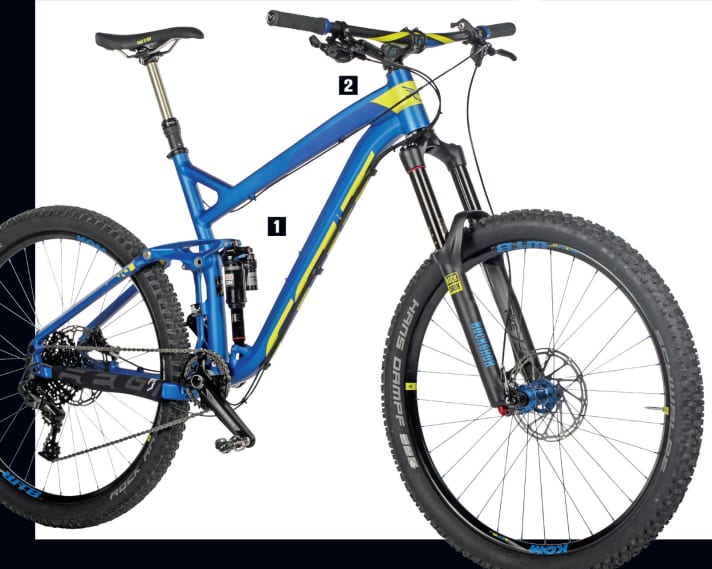   1. stylish but rather heavy aluminium frame with plenty of rear suspension travel 2. perfect cockpit for enduro use. Gears are only shifted on the right, the left thumb operates the telescopic seat post.