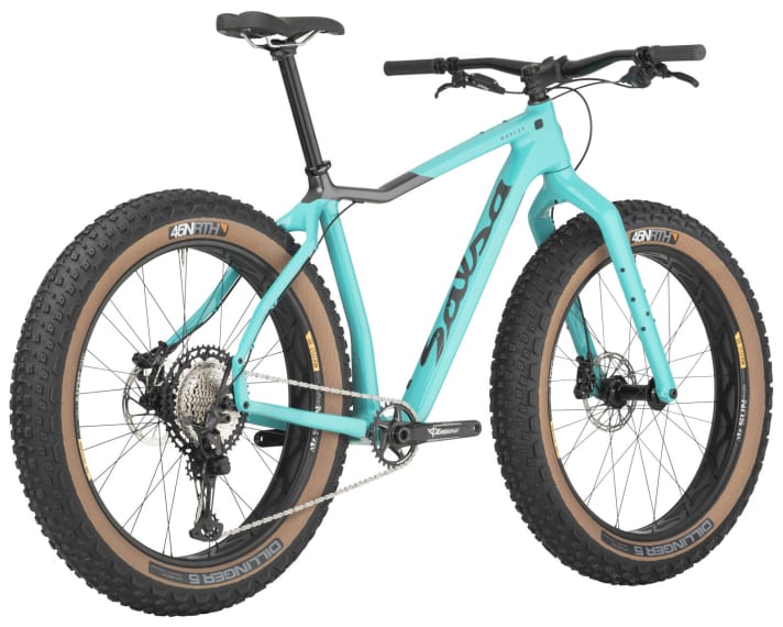The Salsa Mukluk Carbon is available in the Shimano XT version shown or with a black and orange frame and the Sram NX Eagle.