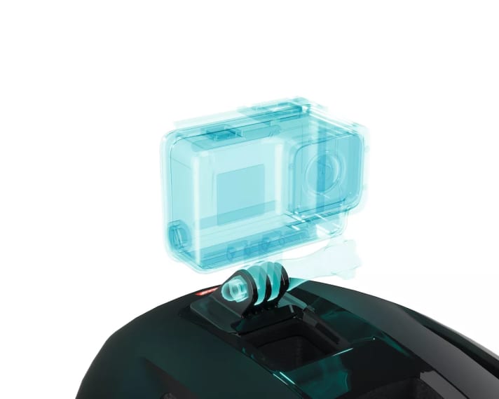 A detachable camera mount system integrates seamlessly into the helmet design.