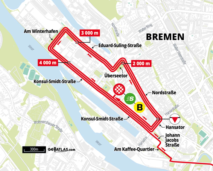 The final kilometres of the Deutschland Tour 2023 in Bremen's Überseestadt district