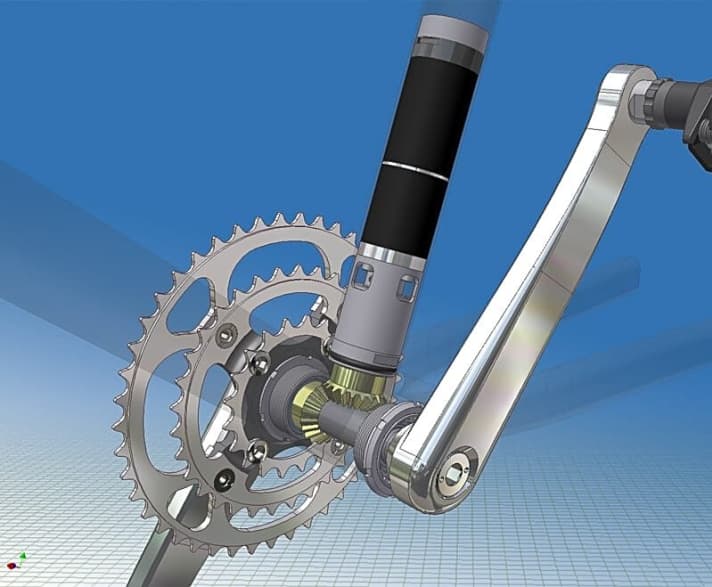 The Gruber drive, later called Vivax-Assist, acted directly on the crank via a shaft. At the time, the drive could be fitted as a retrofit kit in conventional, straight seat tubes. The motor and mini battery together weighed just 1900 grams.