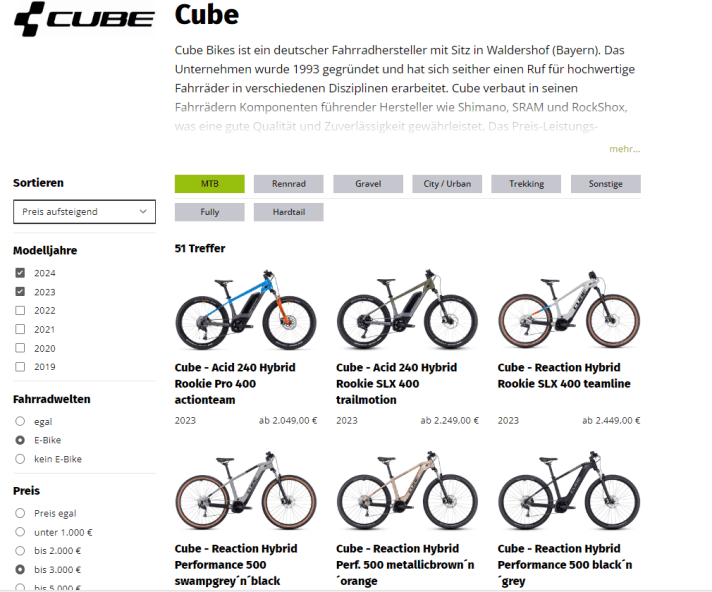 Beispiel-Filterung: Ein E-MTB von Cube bis 3000 Euro aus den letzten beiden Jahren beginnend mit dem günstigsten Bike.
