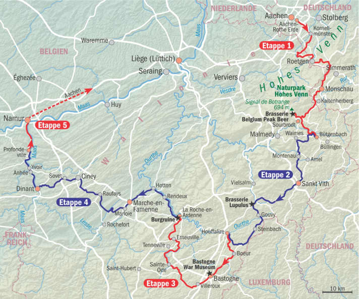 The tour can easily be divided into five stages. The start and finish can be reached by train.