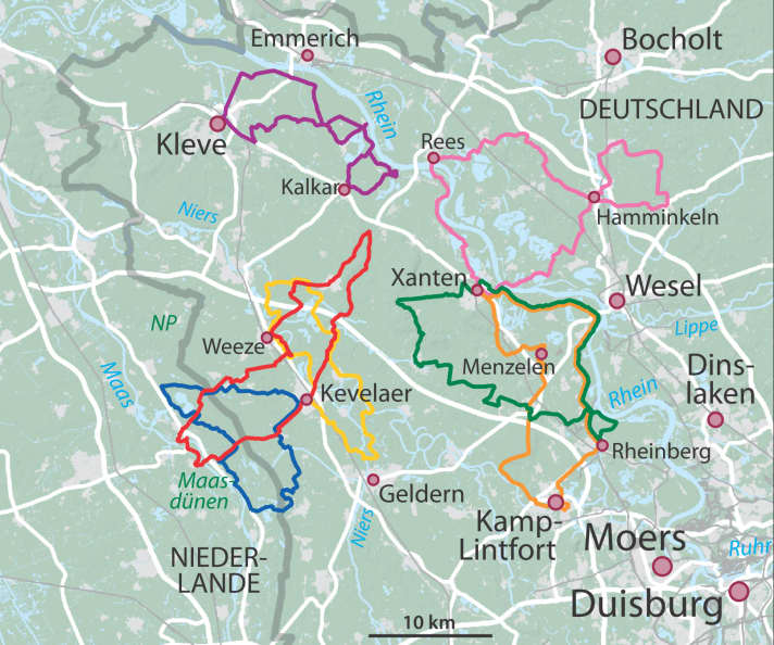 The 7 cycle tours on the Lower Rhine in the overview map