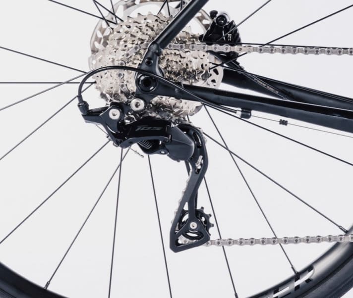 Lang gemacht: Das großzügig bemessene Schaltwerk schafft Ritzel mit bis zu 36 Zähnen; damit sind auch leichte Untersetzungen möglich.