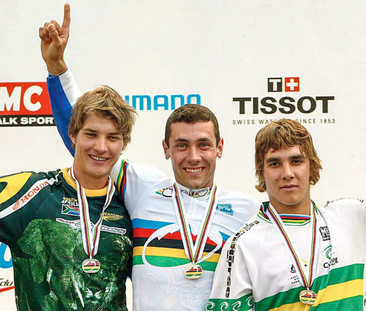 World champion Fabien Barel (centre) Greg Minnaar (left), Sam Hill (right)