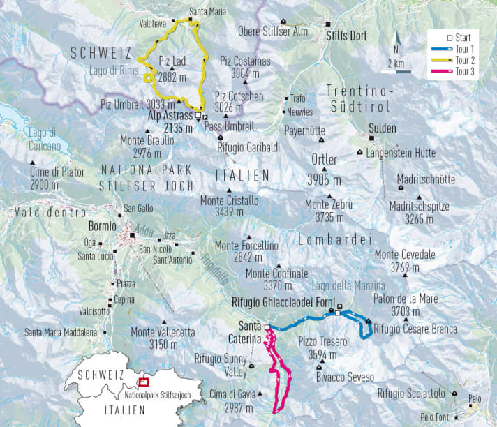 The three tours in the Stelvio National Park