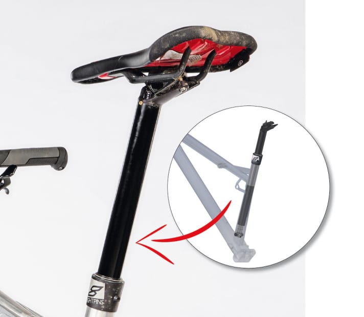   Von außen fast nicht als solche erkennbar: Die innovative Eightpins-Dropper-Stütze ist direkt ins Sitzrohr integriert. Doch das ist noch lange nicht alles, was sie zu bieten hat.