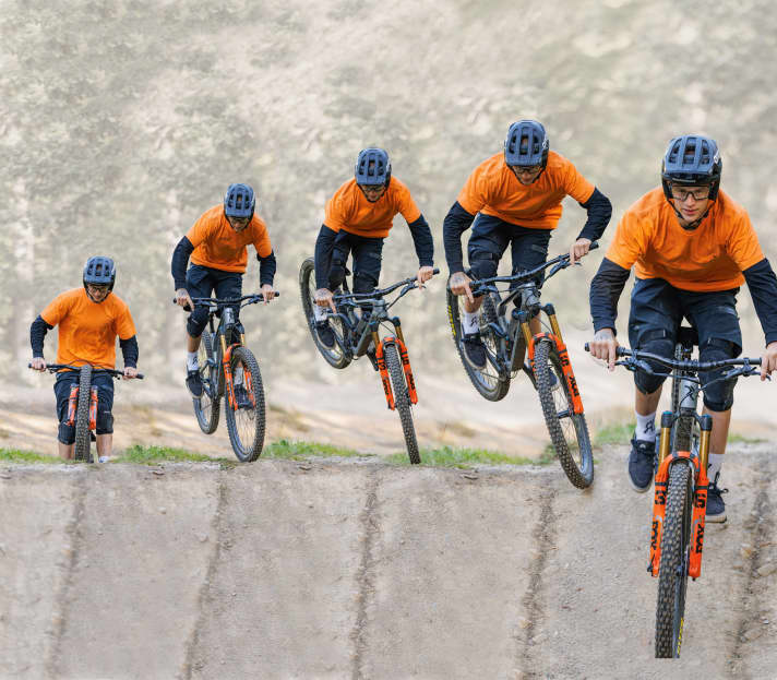 f.l.t.r.: 1. look at the point where you want to place the front wheel. / 2. push the front down, the rear rises. The arms and legs remain slightly bent. | 3. push the rear end to the side for more style and lift the front wheel slightly before landing.