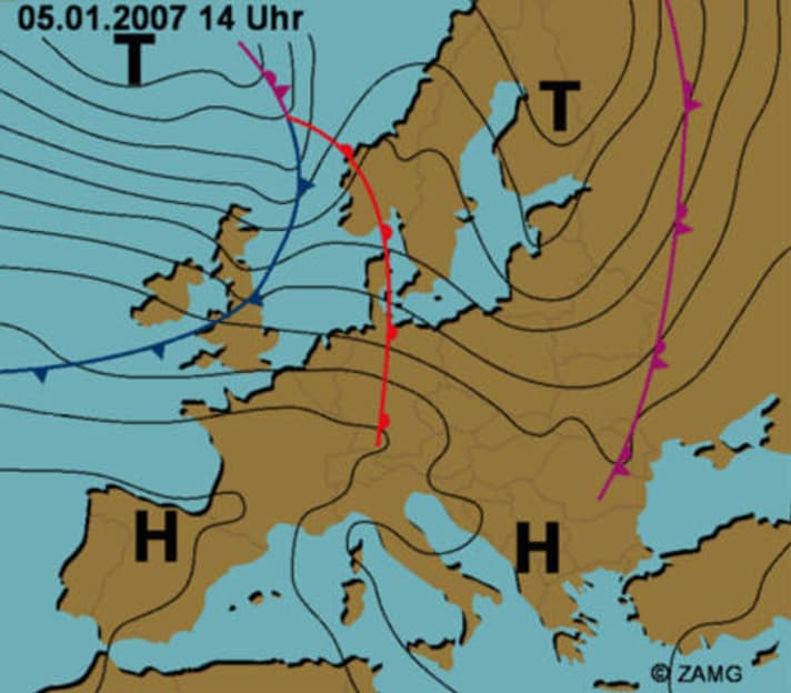   Kaltfront im Anmarsch – wenn die Wetterkarte diese Konstellation zeigt, ist im Gebirge Vorsicht geboten.